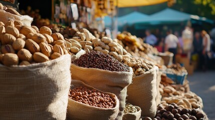 Nuts and Spices Market Stall, Sunny Day, City Background