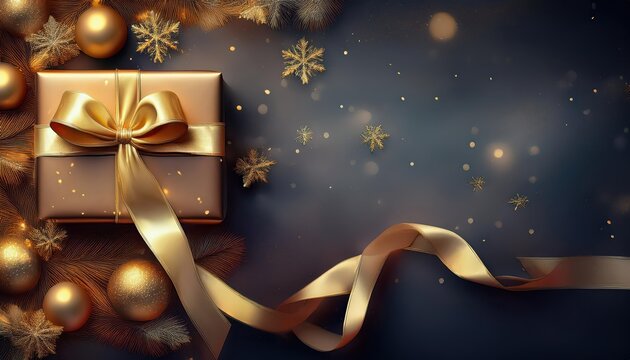 Elegant Winter Scene SnowCovered Gold Ribbon Gift Present against a Dark Gradient Christmas Background, Radiating a Cozy and Romantic Atmosphere. - Powered by Adobe