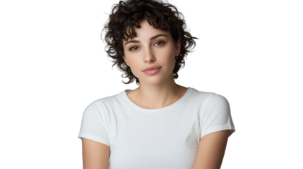 portrait of a beautiful young woman with curly hair in a white t - shirt on a transparent background, PNG image, PNG file, Generative art.