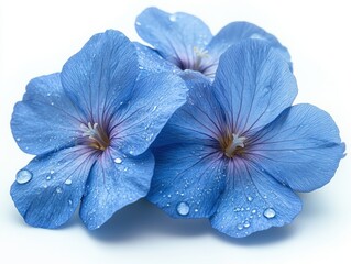 Three delicate blue flowers with water droplets on their petals.