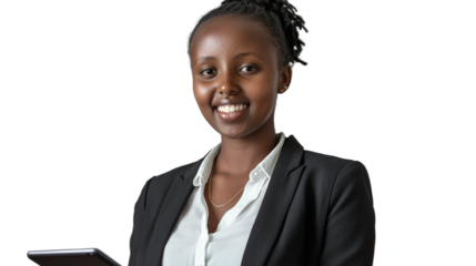 a young woman in a black suit holding a tablet in her hands, smiling PNG image, PNG file, Generative art.