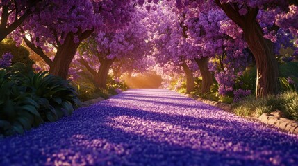 Pink blossom pathway sunrise garden scene