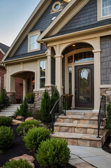Elegant Home Exterior Design: Dream House with Stone Accents and Lush Landscaping