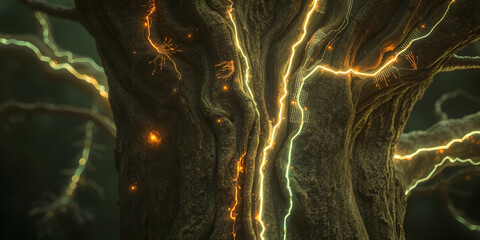 A close-up of a cybernetic tree with circuits running through its bark, glowing veins of energy flowing like sap