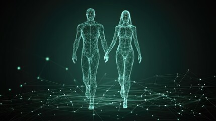 Couple walking, digital art, connection, dark background, relationship concept