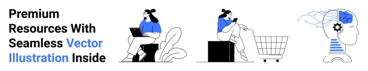 Woman working on a laptop, another browsing a mobile phone near a shopping cart, and a gear-brain AI concept. Ideal for tech, e-commerce, AI, business, education, innovation marketing flat landing