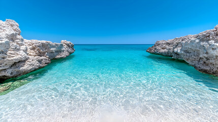Fototapeta premium Turquoise waters between white rocks, sunny beach; summer vacation