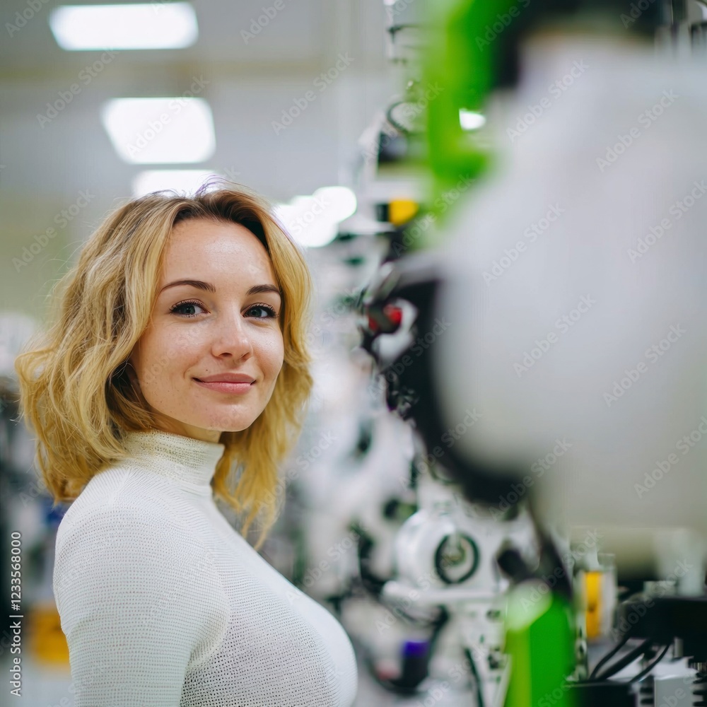 Poster confident female engineer in smart factory robotics automation technology