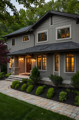 Luxury Modern Home Exterior at Night. Elegant Gray House with Stone Walkway and Landscaping. Real Estate Photography