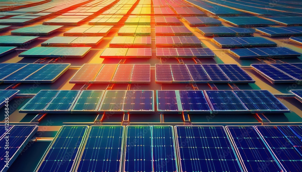 Poster striking solar panel array in repeated pattern a modern artistic symphony of light and energy amidst