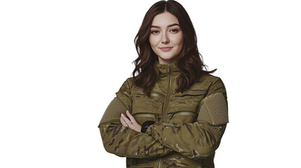 a beautiful young woman wearing a green military jacket poses for a portrait with her arms crossed and her hands crossed on a transparent background, background PNG image, PNG file, Generative art.