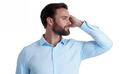 a portrait of a young man with a beard in a blue shirt holding his hand to his ear against a transparent background, PNG image, PNG file, Generative art.