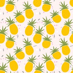Seamless Pattern Tropical Fruit Pineapple. Vibrant Playful Summer Pineapple Illustration. Funky Retro Pineapple Repeat Pattern Background. Happy Pineapple Fabric Textile Pattern.