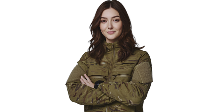 a beautiful young woman wearing a green military jacket poses for a portrait with her arms crossed and her hands crossed on a transparent background, background PNG image, PNG file, Generative art. - Powered by Adobe
