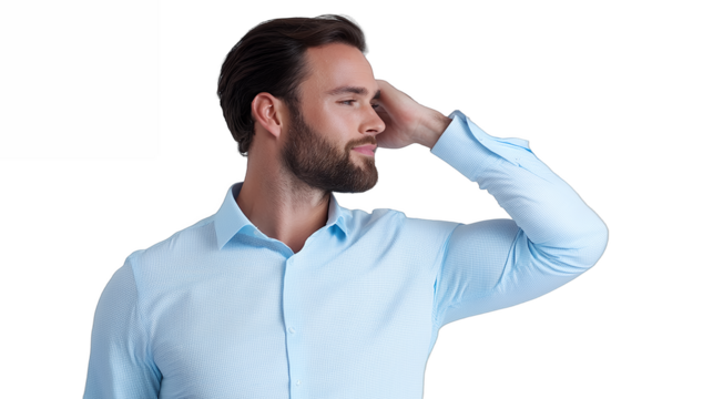 a portrait of a young man with a beard in a blue shirt holding his hand to his ear against a transparent background, PNG image, PNG file, Generative art.