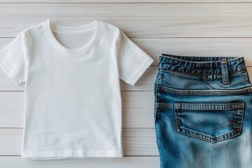 White toddler t-shirt and blue jeans on wooden background.