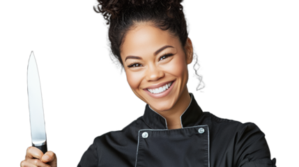 a beautiful young woman in a black apron holding a large knife PNG image, PNG file, Generative art.