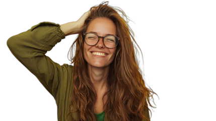 a young woman with long hair and glasses poses for a portrait with her hands on her head PNG image, PNG file, Generative art.