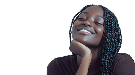 portrait of a young black woman smiling with her eyes closed and her hands on her face PNG image, PNG file, Generative art.