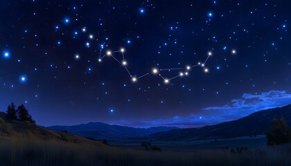Night Sky Constellation Over Rolling Hills Landscape