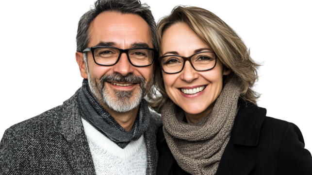 a photo of an older couple, a man with glasses and a woman, posing for a picture against a transparent background, PNG image, PNG file, Generative art.