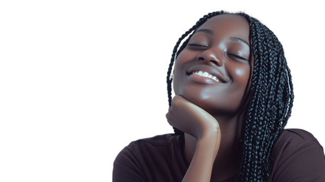 portrait of a young black woman smiling with her eyes closed and her hands on her face PNG image, PNG file, Generative art.