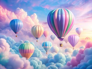 Fototapeta premium Close-up macro shot: pastel balloons soar in a fantasy landscape, dreamy clouds blurring below.