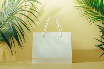 Blank white shopping bag on yellow background with palm leaves.