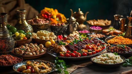 Festive ramadan iftar table with traditional arabic dishes for celebration