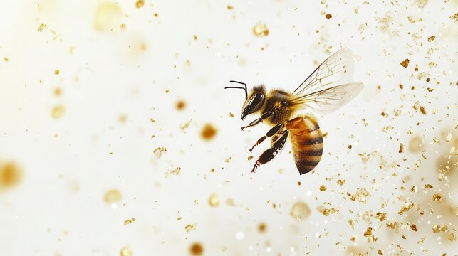 majestic honeybee in flight captured in stunning macro detail against pure white backdrop wings spread with visible pollen