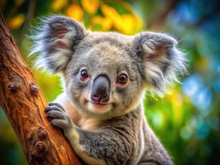 Close-up oil painting of an adorable baby koala clinging to a branch.  Wildlife art at its cutest.
