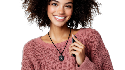 portrait of a beautiful young woman with curly hair wearing a pink sweater smiling on a transparent background, photo PNG image, PNG file, Generative art.