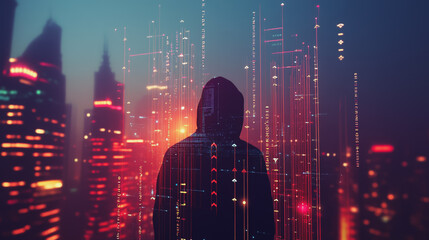 Hacker are planning to hack and attack networks and cyber security , innovative Smart city and graphs with statistics to analyze business potential and predict future developments in company growth.