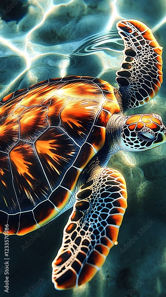 Poster colorful sea turtle swimming in clear waters with sunlit patterns : generative ai