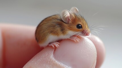 A tiny mouse perched on a human finger, showcasing delicate features and soft fur