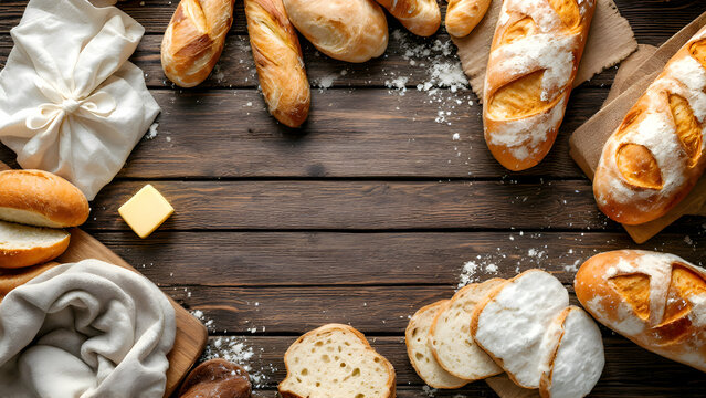 Freshly Baked Bread Assortment on Rustic Wooden Background
