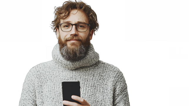 a portrait of a young man with a beard wearing glasses and a white sweater looking at a smartphone on a transparent background, PNG image, PNG file, Generative art.