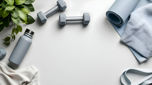 Fitness and Workout Essentials: Dumbbells, Mat, Towel, and Water Bottle
