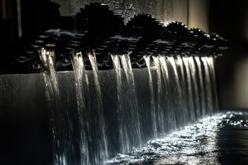 Captivating Artistry of Water Flowing from Sculptural Faucets Creating a Mesmerizing Dance of Light and Liquid in a Contemporary Urban Setting