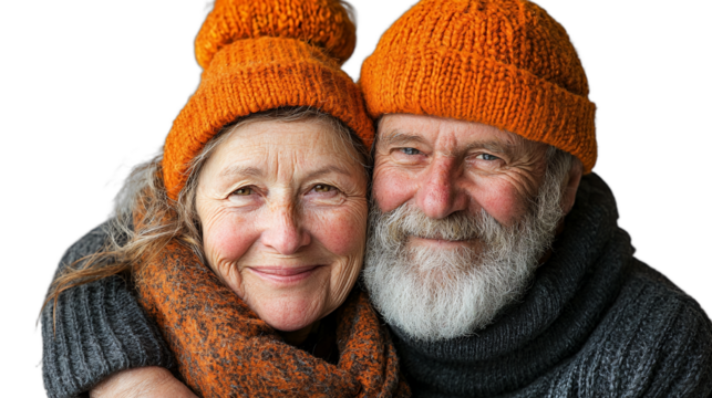 an elderly man and woman with orange hats and scarves pose for a picture against a transparent background, PNG image, PNG file, Generative art. - Powered by Adobe