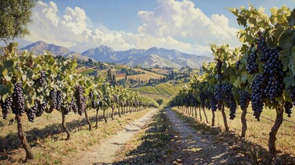 Fototapeta premium Vineyard Landscape: Sun-Drenched Grapes and Rolling Hills