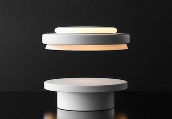 Modern levitating lamp design showcasing minimalism and innovative illumination in a sleek black background. Copy space for texting