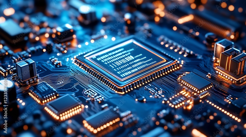 Poster Close-Up of Modern Computer Circuit Board with Microchip and Electronic Components : Generative AI