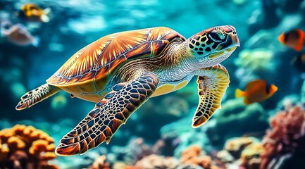 Obraz premium Vibrant Underwater Sea Turtle Amidst Colorful Coral Reefs and Oceanic Beauty : Generative AI