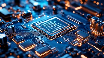 Obraz premium Close-Up of Modern Computer Circuit Board with Microchip and Electronic Components : Generative AI