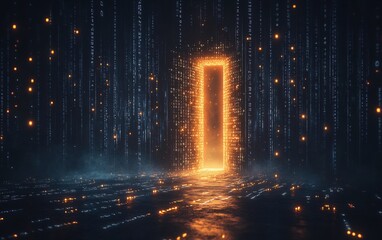 Naklejka premium Digital Gateway: A luminous portal through a cascading stream of data, beckoning towards the unknown