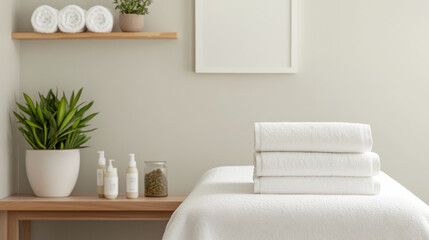 Serene spa treatment table with warm towels and herbal products displayed