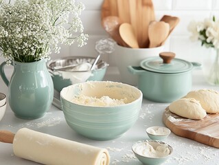 A serene kitchen scene with pastel utensils, flour, and flowers, a cozy baking atmosphere.