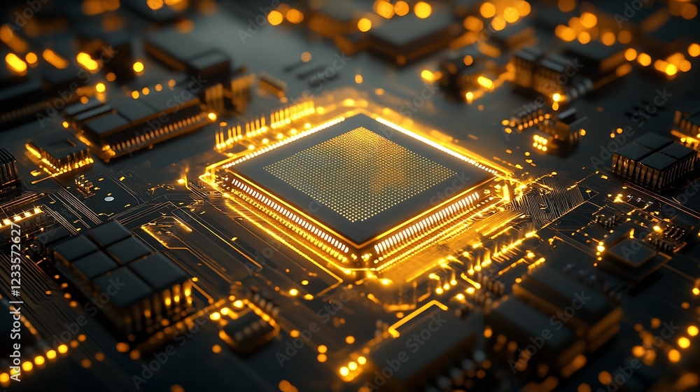 Aufkleber futuristic glowing microchip on circuit board surface technology : generative ai
