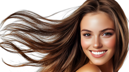 beautiful young woman smiling with long hair blowing in the wind PNG image, PNG file, Generative art.